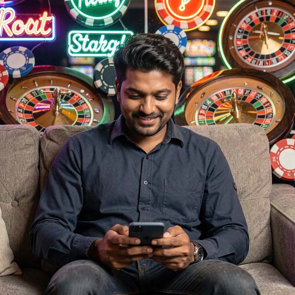 Bangladeshi player using the 52OK casino app on a smartphone with glowing roulette wheels and poker chips creating a secure and exciting mobile gaming mood