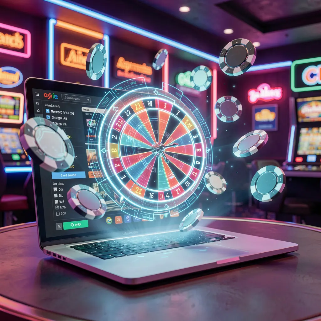 Futuristic roulette wheel with glowing numbers and floating chips representing high tech casino gaming at 52OK for players in Bangladesh