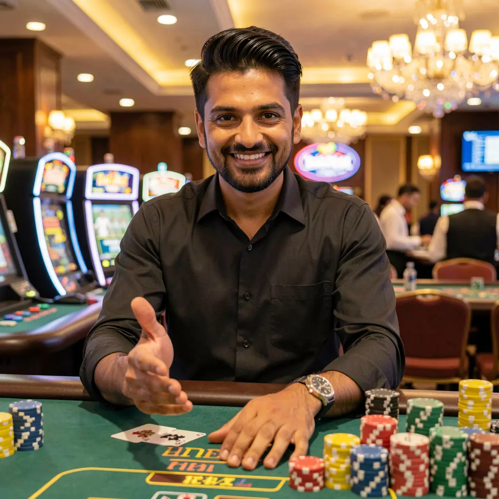 Stylish casino host from Bangladesh welcoming players with an extended hand surrounded by glowing chips and casino lights on the 52OK platform