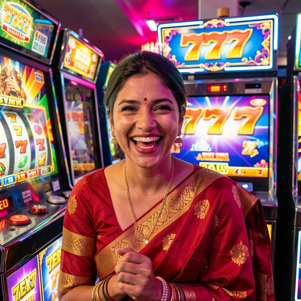 Excited woman smiling in front of bright 777 slot symbols and colorful casino lights showcasing the thrilling atmosphere of 52OK online casino in Bangladesh